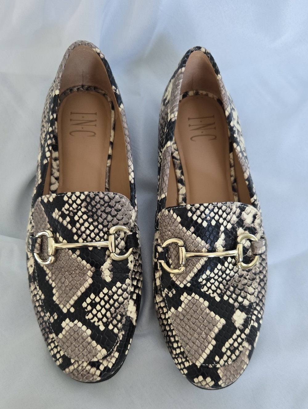 INC International Concepts Women's Snakeskin Print Loafers | Gold Horsebit | 8